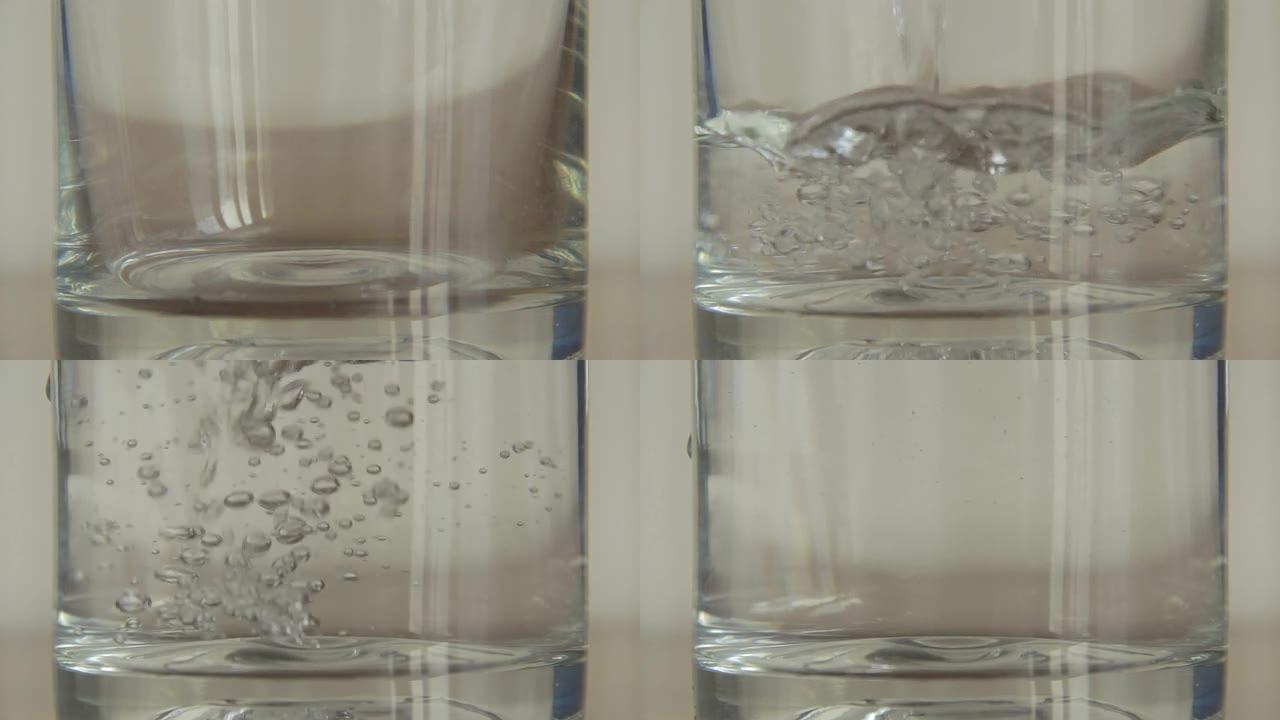 用声音把水倒在玻璃里。极端特写