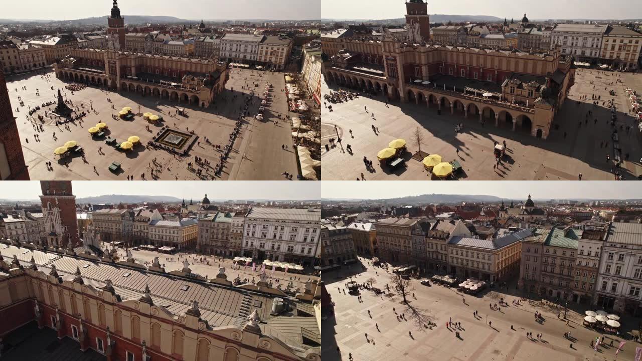 圣玛丽大教堂在揭示布厅静灵镇广场市中心无人机空中克拉科夫波兰文艺复兴