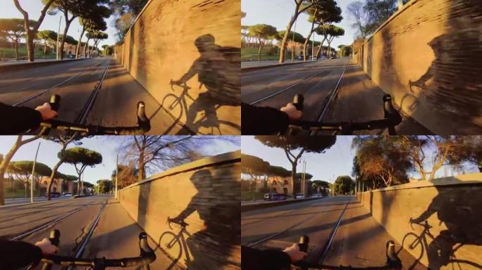 POV riding: road bicycle shadow on the wall