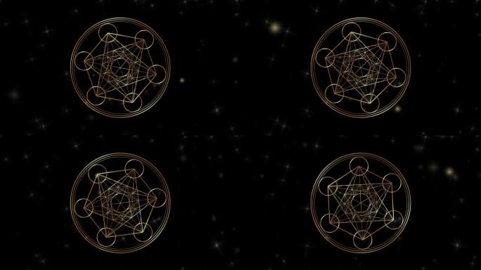 视频动画Metatron's Cube，生命之花。金色神圣几何，图形元素黑色星系背景。神秘黄金图标柏