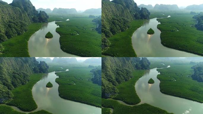泰国甲米的红树林清澈的水，风景森林，岛屿和美丽的自然海，用无人机拍照。