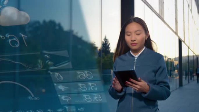 年轻的亚洲女企业家在沿着现代商业大楼行走时在数字平板电脑上检查天气应用程序