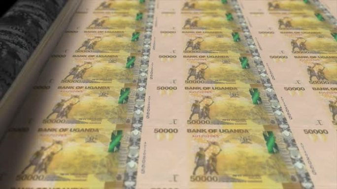 乌干达先令印刷机打印出当前50000先令钞票，无缝循环，乌干达货币背景，4K，聚焦深度Smoot和尼