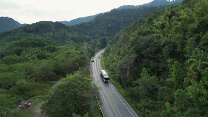 穿过棕榈油树种植园的卡车在道路上的鸟瞰图