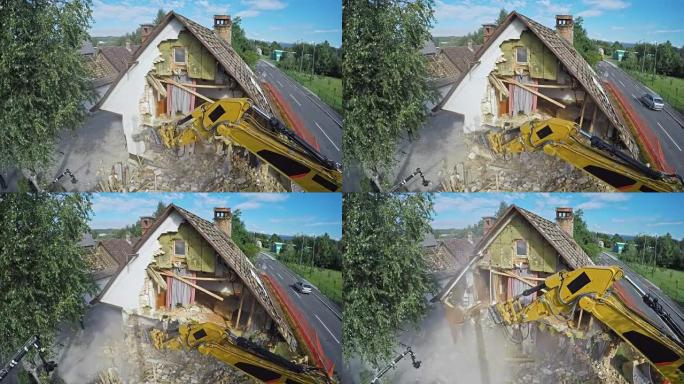 延时拆除挖掘机推倒一栋老房子