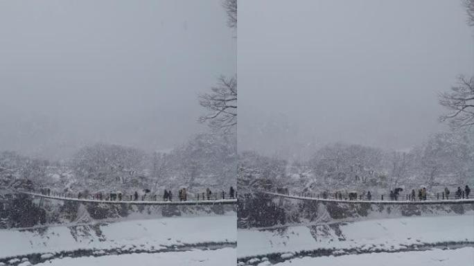 日本冬季白雪茂密的白川村