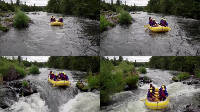 在胭脂河上漂流的人的空中镜头