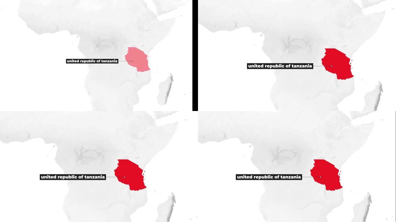 显示坦桑尼亚联合共和国的世界地图。从上方放大。国家红色在地图上突出显示。