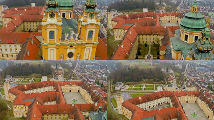 奥地利梅尔克修道院的旧立面和屋顶，旅游胜地，空中