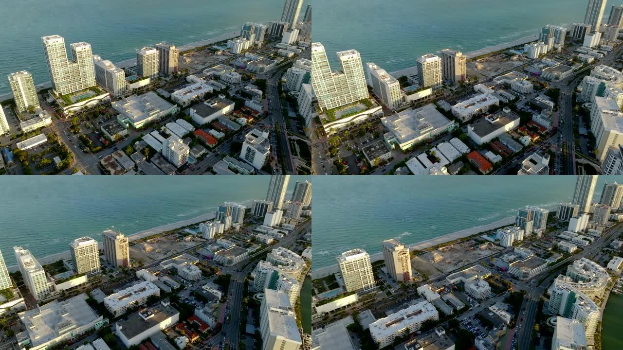面向迈阿密海滩日落和海洋的高架镜头