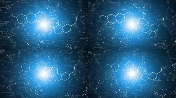 化学分子和元素词云在明亮的蓝色抽象背景上动画。