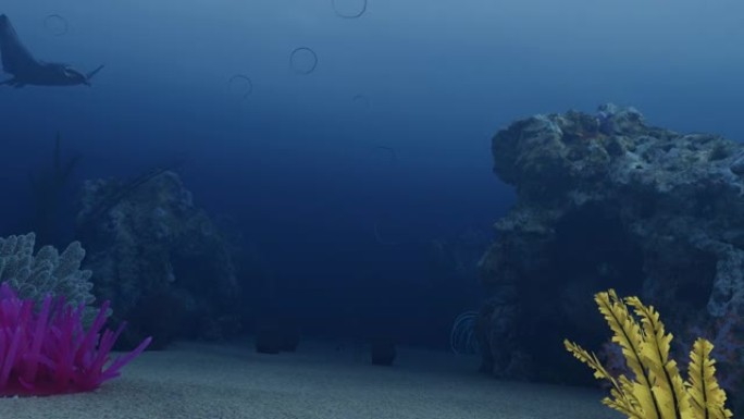 水下生命观。海洋下有珊瑚和鲨鱼的相机。海底环境的3d动画。探索海底