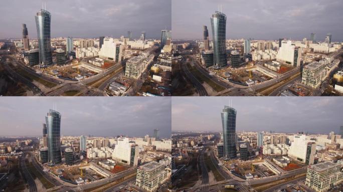 华沙市摩天大楼和华沙尖塔的无人机鸟瞰图