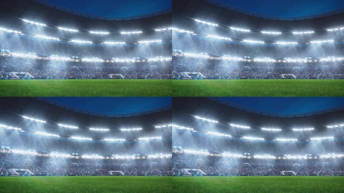 比赛前，一群球迷兴奋地欢呼着空足球场的审美静态建立镜头。灯光照耀着运动场的草地。