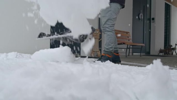 SLO MO LD男子在他的房子前铲雪并将其扔进相机