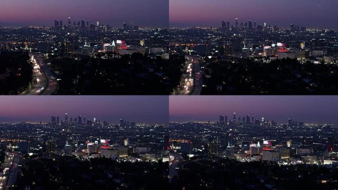 黎明前洛杉矶的无人机拍摄-好莱坞，韩国城和市中心