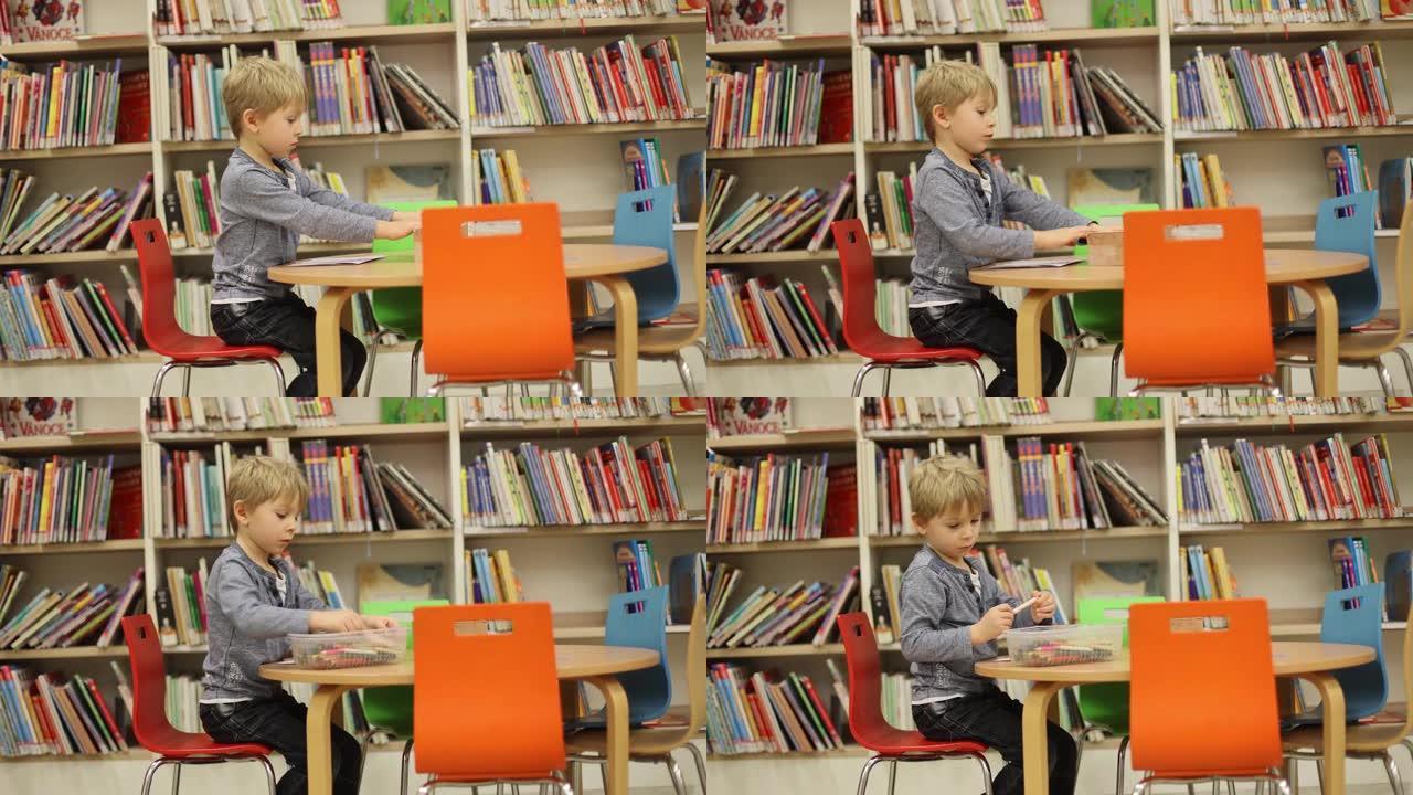 可爱的小男孩，坐在图书馆，看书，选择借什么，书店里的孩子