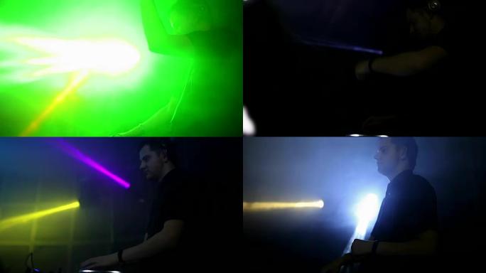 在音乐面板上播放的DJ的肖像。侧视图。夜总会DJ中的音乐播放营造了聚会的气氛。俱乐部音乐