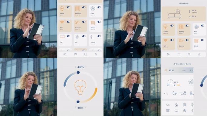 DS成熟的女商人在现代商务大楼前的数字平板电脑上使用家庭控制应用程序