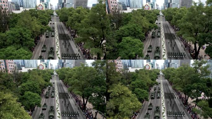 在墨西哥城改革大道上的阅兵式上，无人机跟随墨西哥军队的新坦克拍摄
