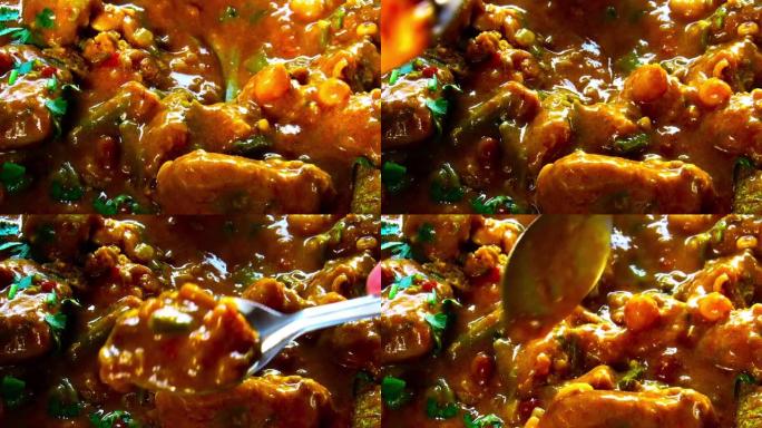 新鲜准备的鱼DHOKLA或鱼DHOKRA的一种印度菜，类似于炖菜，里面有所有的蔬菜和鱼片。高清镜头。