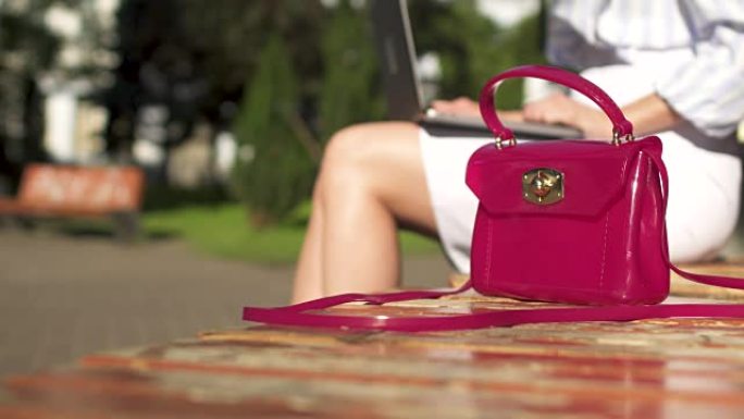 女人合上笔记本电脑，从公园的长凳上拿走粉红色的书包，然后走开