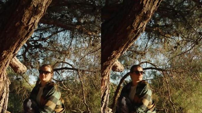 一个戴着眼镜的格子衬衫的年轻女子，坐在森林中的松树上，看着夕阳。垂直视频社交媒体
