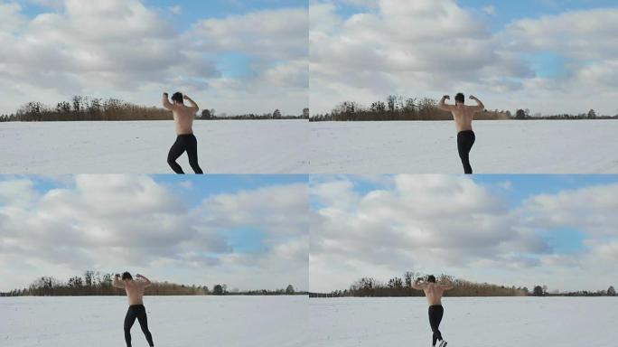 运动员在冬季赛场上展示他的力量并向前跑