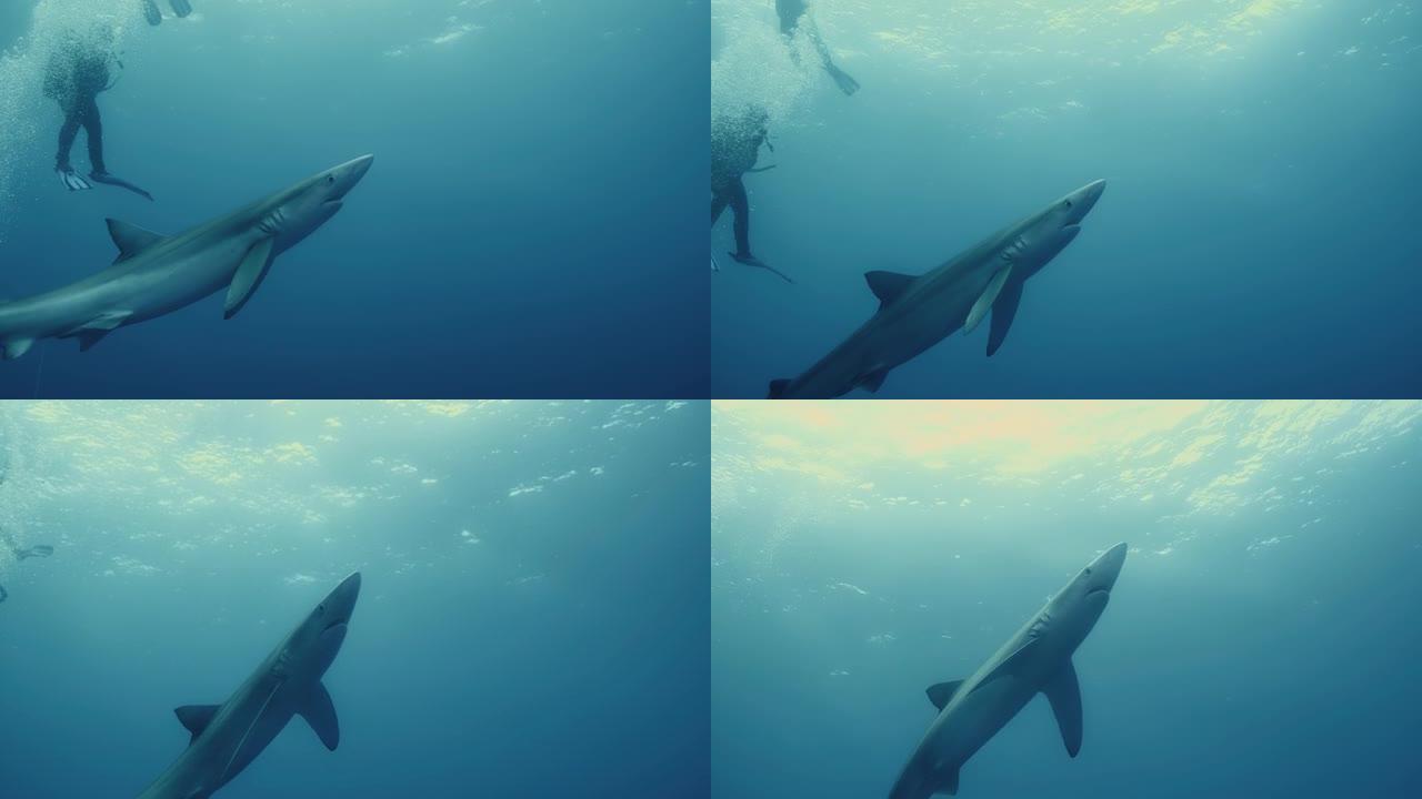 海洋中的蓝鲨与潜水员在亚速尔群岛的鲨鱼潜水中
