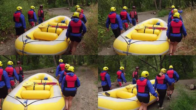 一群人白水漂流载筏