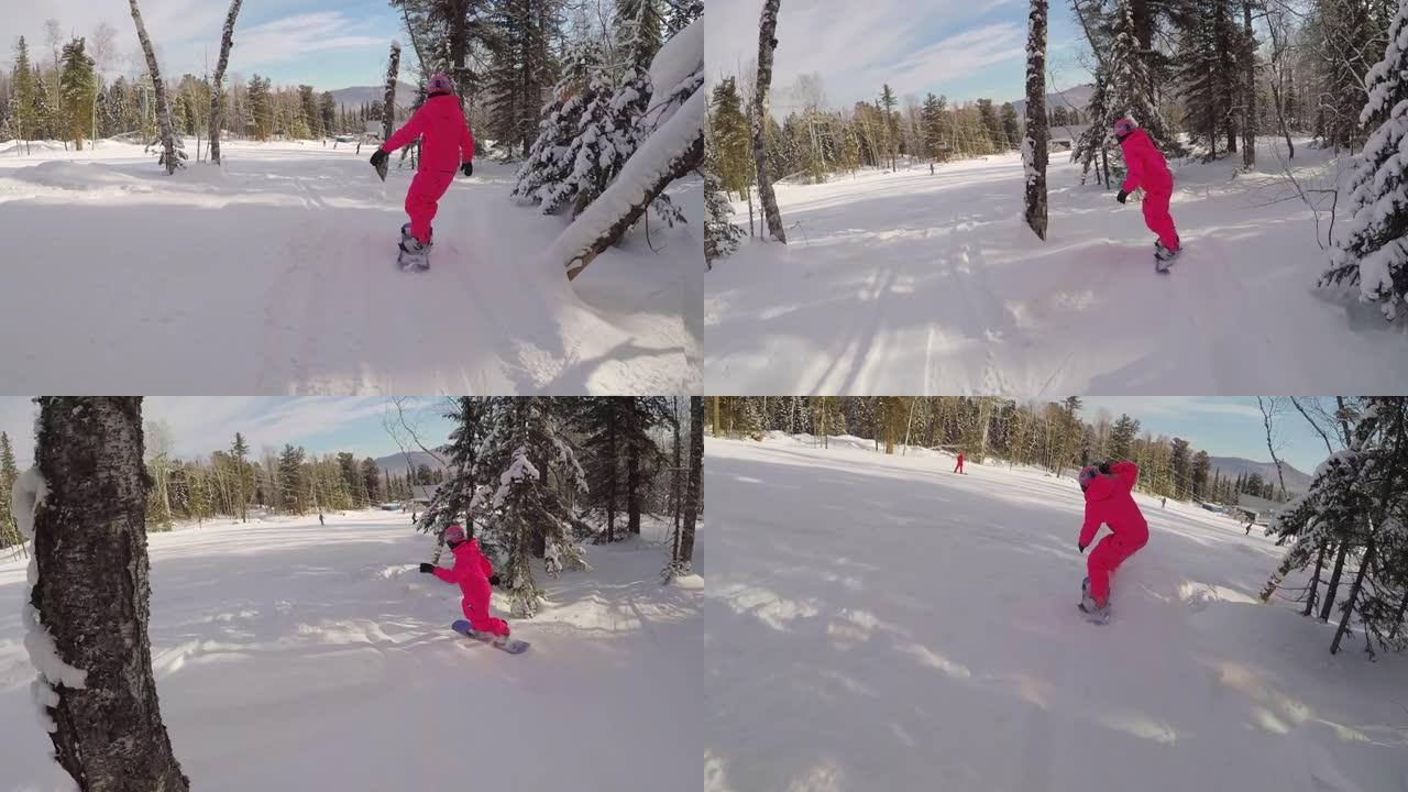 在冬季雪坡上滑雪或滑雪。滑雪胜地，冬季运动。