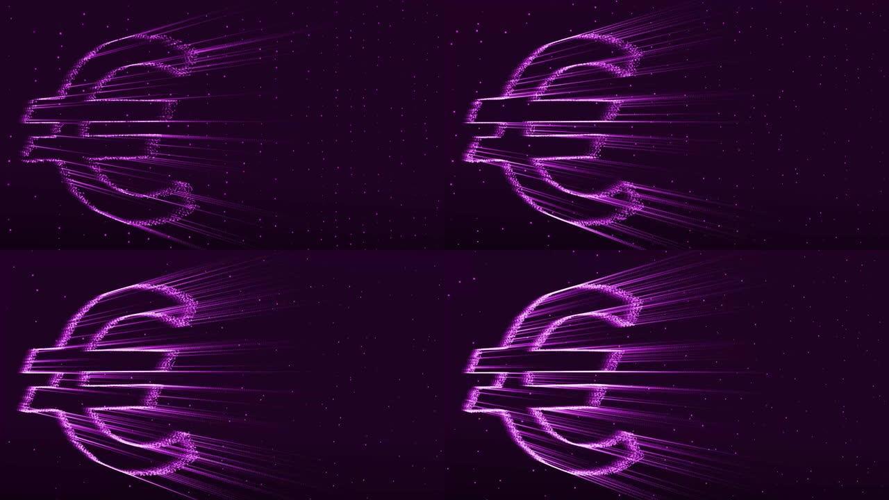 4K.技术背景上的欧元货币符号，英国欧洲联盟联盟货币符号，霓虹灯发光移动线，金融商业经济。