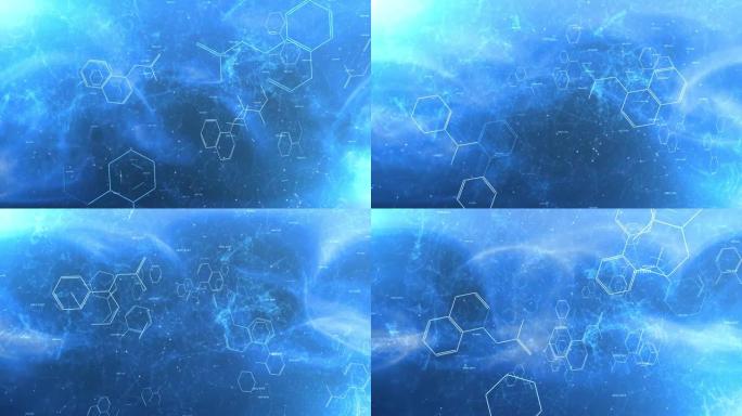 在明亮的蓝色抽象背景上动画的化学分子和数字