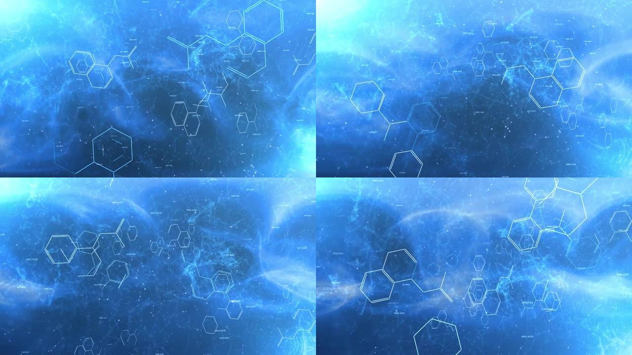 在明亮的蓝色抽象背景上动画的化学分子和数字