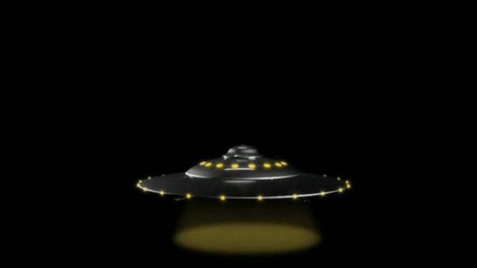 动画UFO和外星人在黑色背景上与黄光隔离。