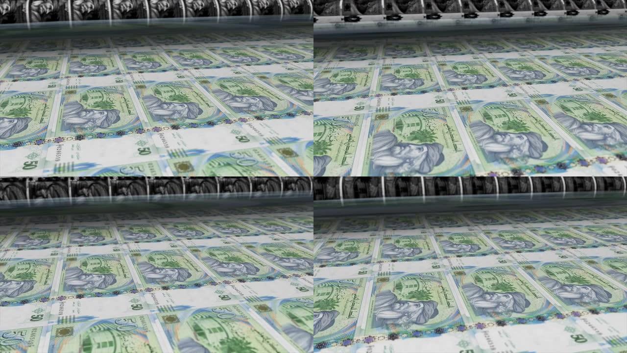突尼斯第纳尔印刷机打印出当前50第纳尔钞票，无缝循环，突尼斯货币背景，4K，聚焦深度Smoot和尼斯