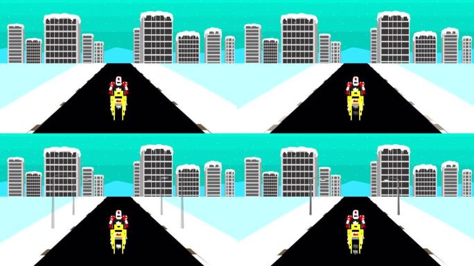 8位风格的旧赛车摩托车游戏的动画视频在雪，街机，像素，艺术，2d。