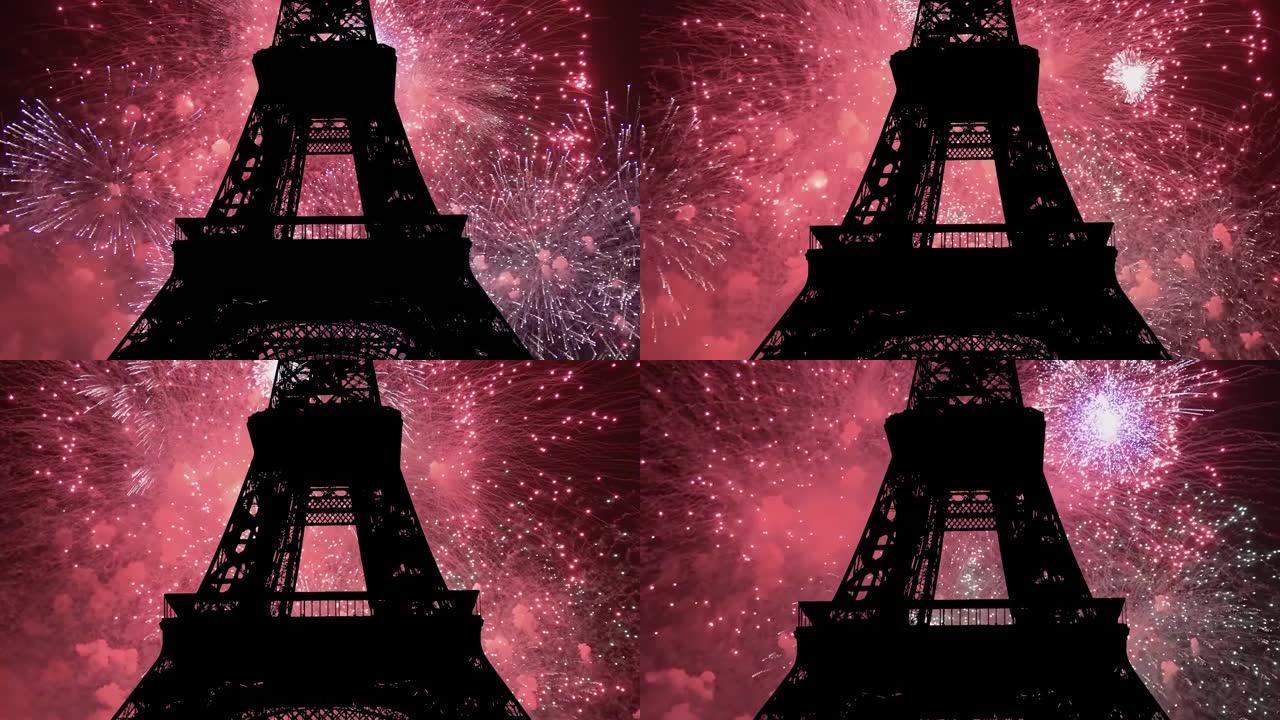 在法国巴黎的埃菲尔铁塔上庆祝五颜六色的烟花 (带变焦的时间流逝)