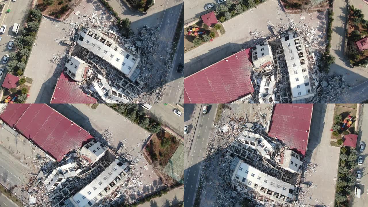 在土耳其地震中，建筑物倒塌并被摧毁。T ü rkiye地震鸟瞰图