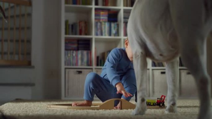 一个小男孩蹒跚学步的肖像在客厅地毯上玩五颜六色的木制火车。家犬打断了他。深情的男孩抚摸大狗。纯真与童