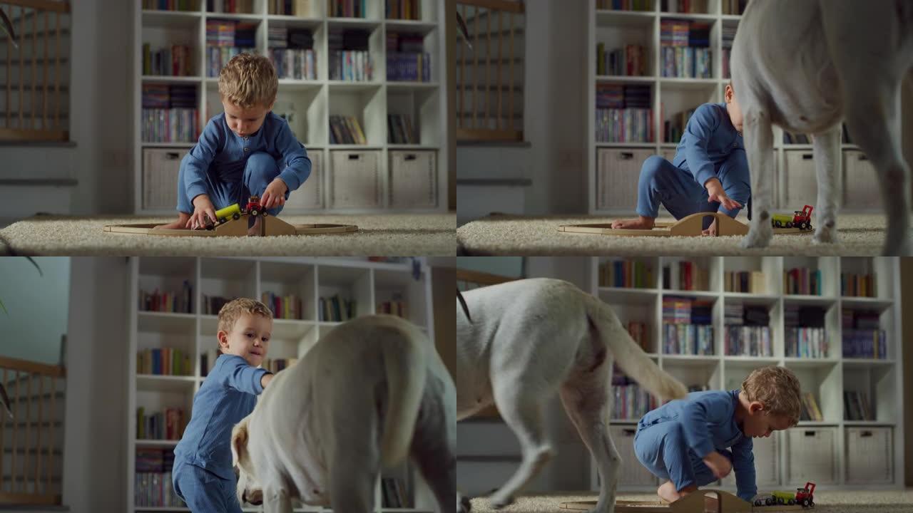 一个小男孩蹒跚学步的肖像在客厅地毯上玩五颜六色的木制火车。家犬打断了他。深情的男孩抚摸大狗。纯真与童