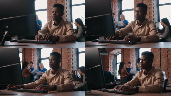 办公室里的黑人，电脑专家的信息技术肖像，键盘上打字的非洲裔美国人