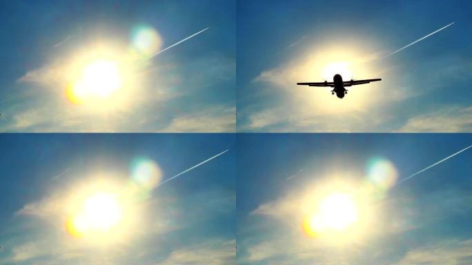 飞机着陆剪影穿过阳光，白天，蓝天