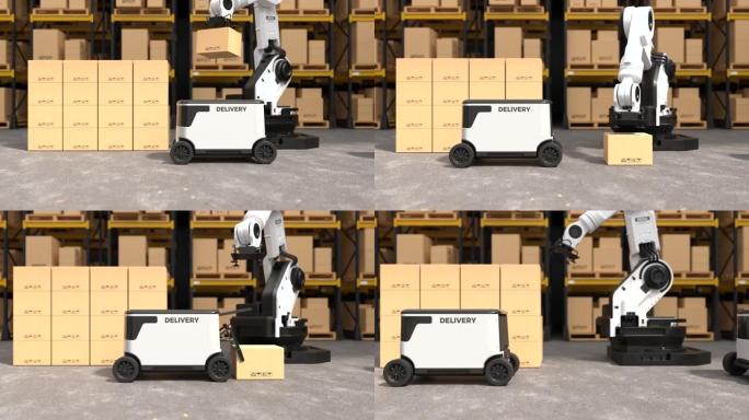机器人手臂自动拿起箱子，机器人正在运送货物，自动运送是机器人