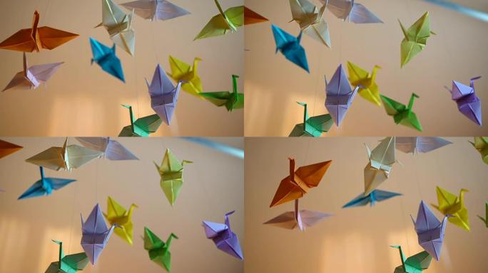 梦幻折纸鹤鸟背景，彩色手工纸玩具，艺术