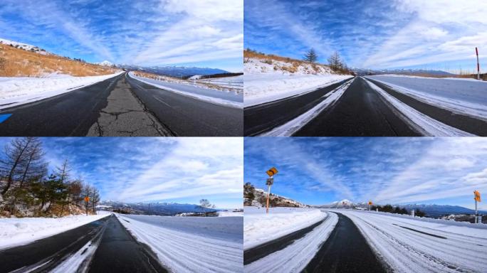 在雪山路上行驶行驶车窗外汽车第一视角