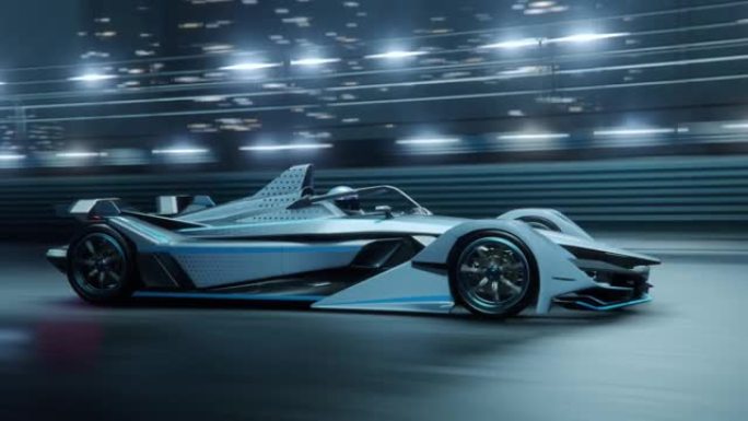 快速加速高性能电动赛车在夜间行驶。