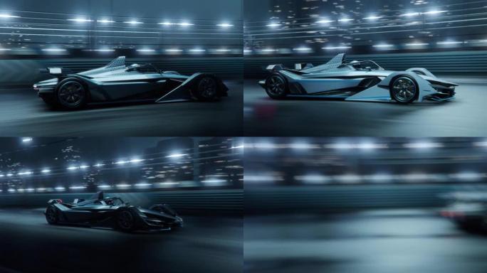 快速加速高性能电动赛车在夜间行驶。