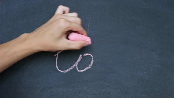 一个男人的手在学校董事会上画了一个粉笔字。用红色粉笔在黑板上手写。在学校董事会上写爱情。特写