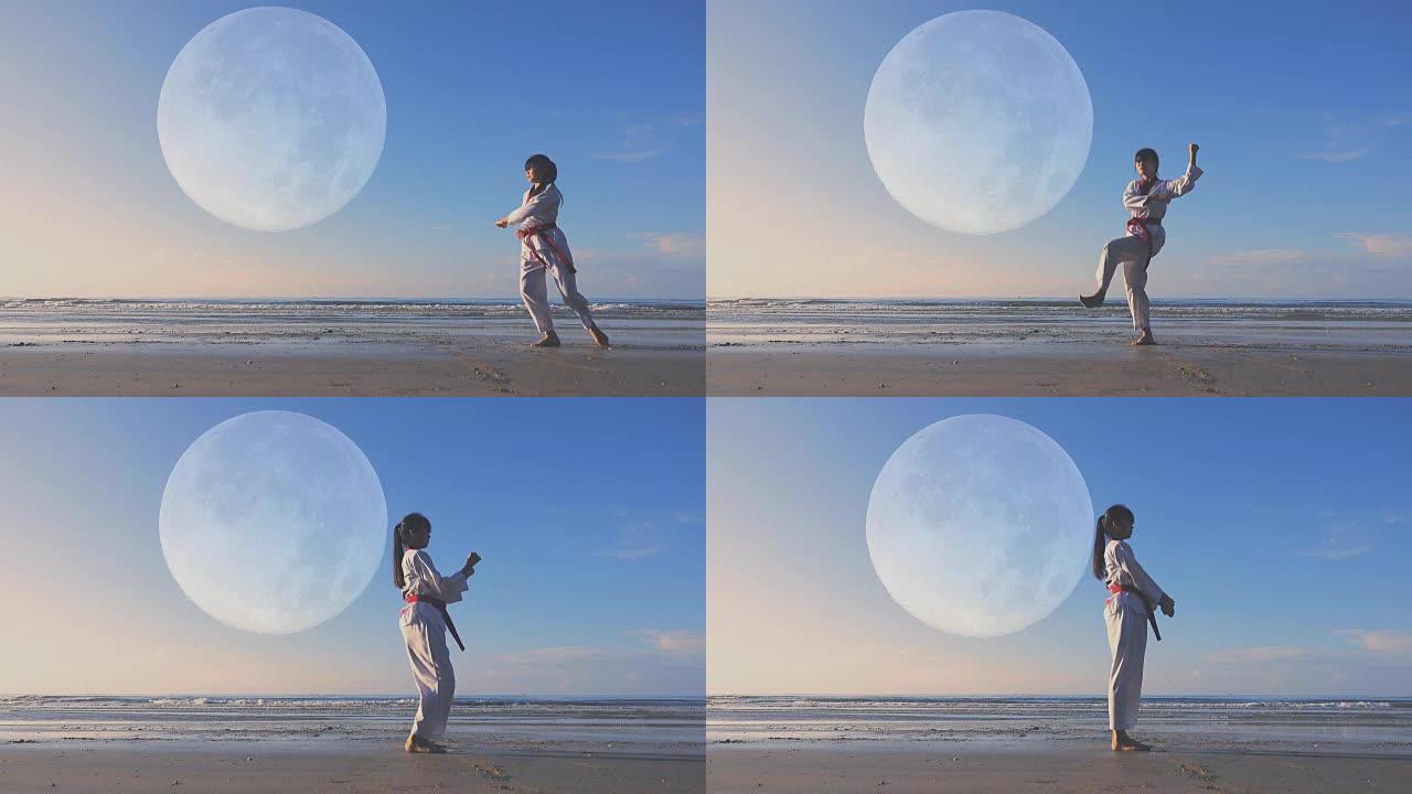 4k: 年轻女性在海滩上户外练习武术，满月背景